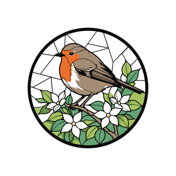 Robin in Circle: A charming illustration of a robin perched on a branch adorned with white blossoms, enclosed within a circular frame with a stained-glass effect background.