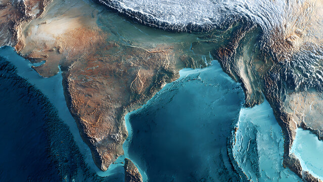Detailed relief map showcasing the diverse geography of the Indian subcontinent, from the towering Himalayan mountains to the vast plains and surrounding deep blue seas