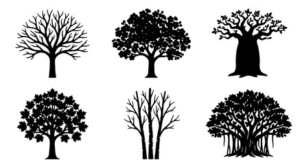 Diverse Tree Silhouettes Collection, Six Black Vector Icons for Nature and Ecology Design Elements, Seasonal and Botanical Graphics © Bablu