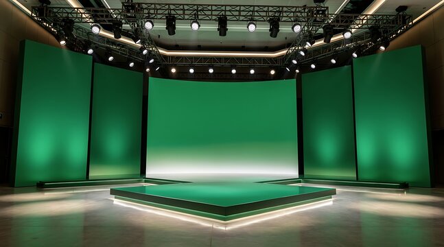 Modern stage with green screens and lighting for a presentation or performance.