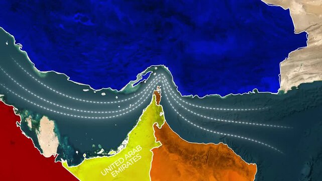 Animated Middle East satellite map showing maritime shipping routes through the Strait of Hormuz