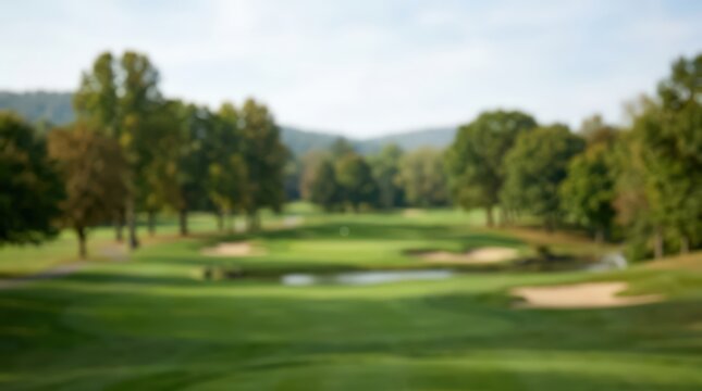 Blurred golf course background green fairway landscape sand trap bunker water hazard outdoor sports recreation luxury leisure grass park