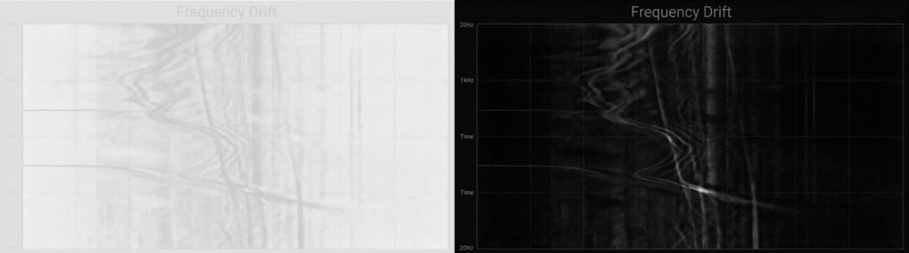 Audio spectrogram frequency drift visualization on light gray background. Digital signal processing analysis, sound wave spectrum graph for scientific research, data technology, audio engineering, and