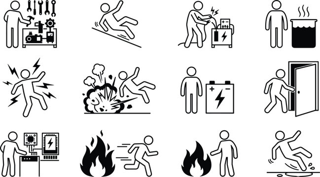 Workplace safety hazard icons set featuring electrical shock explosion fire slip trip fall industrial accident warnings vector illustration