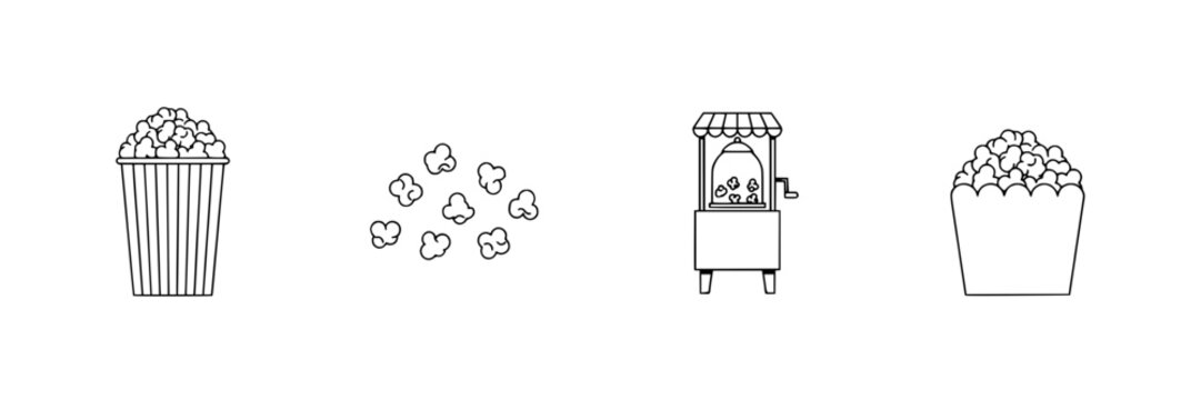 Popcorn in a Bucket, Scattered Kernels, Popcorn Machine, and a Bowl of Popcorn Featuring Snack, Movie, Theater with Cinema