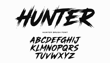 Very beautiful black and white realistic vector illustration of a HUNTER BRUSH FONT featuring a bold typography label reading "HUNTER", engraved dry brush lettering with expressive rough stroke textur © williamnoah
