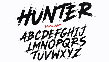 Very beautiful black and white realistic vector illustration of a HUNTER BRUSH FONT featuring a bold typography label reading "HUNTER", engraved dry brush lettering with expressive rough stroke textur © williamnoah