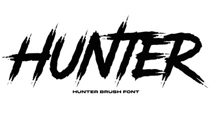 Very beautiful black and white realistic vector illustration of a HUNTER BRUSH FONT featuring a bold typography label reading "HUNTER", engraved dry brush lettering with expressive rough stroke textur © williamnoah