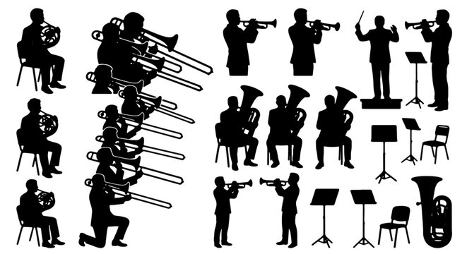 Orchestra Musicians Silhouette Collection, Brass Wind Instruments, Conductor, Tuba, Trombone, French Horn, Trumpet Vector Icons for Music Performance and Concert Graphics