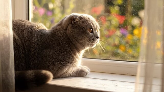 Scottish Fold Cat Gazing Outdoors from Window Sill - A domestic Scottish Fold cat with grey fur rests on a sunlit window sill, intently watching something outside in a colorful garden.