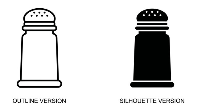 Salt Shaker Iconography: Two distinct representations of a salt shaker, one as a clean outline and the other as a solid silhouette, ideal for culinary and design applications.