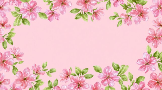 Romantic Floral Background Frame with Pink Blossoms and Green Leaves on Soft Pink for Invitations