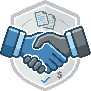 Illustrated handshake between two business professionals accompanied by a document and dollar sign symbolizing deals.