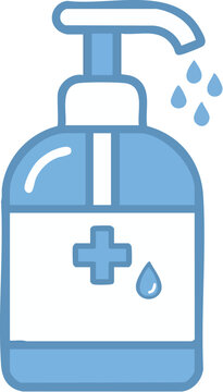 Hand sanitizer bottle icon with blue liquid droplets and medical cross symbolizing hygiene and health protection in modern settings.