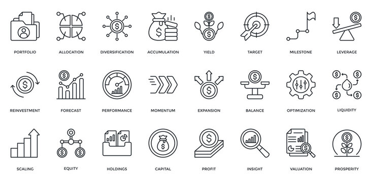 Investment Growth Icon Set. Containing Portfolio, Allocation, Diversification, Accumulation, Yield, Return, Strategy Icon. Outline Style