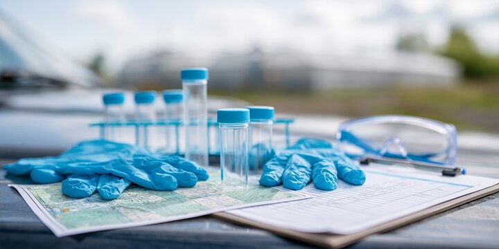 Laboratory gloves and test tubes on documents