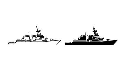 Warship Silhouettes: A detailed illustration of a modern warship shown in both outline and solid silhouette, showcasing its powerful naval design and structure. © Md