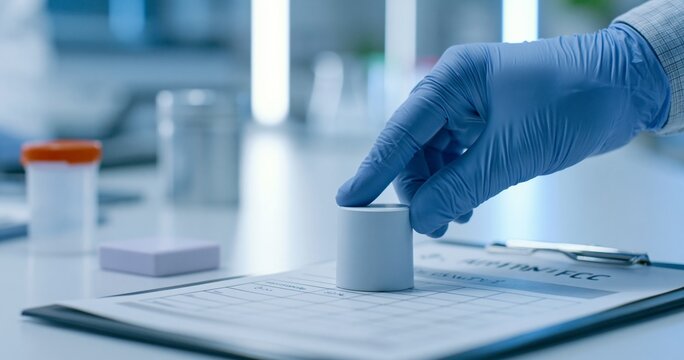 Gloved hand stamping laboratory document