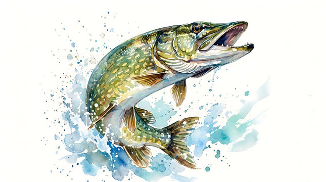 Northern pike fish jumping out of water watercolor art illustration