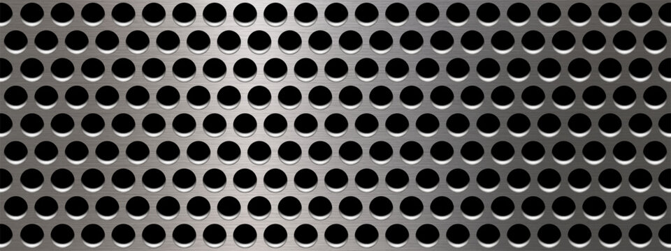 Steel perforated metal plate with black mesh texture and realistic hole pattern. Silver background featuring circle grate for industrial screen abstract tech design and grid.