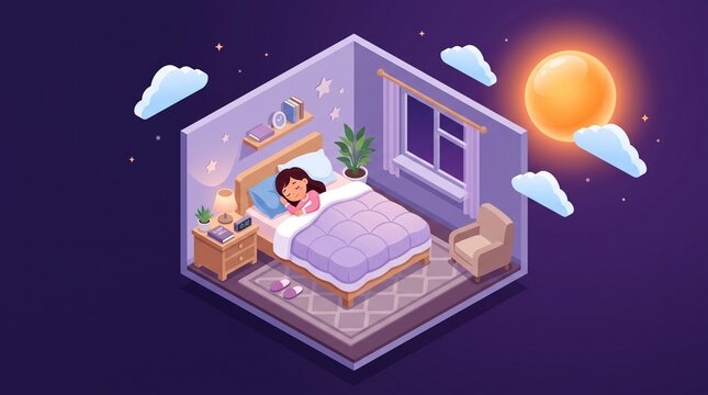 Girl sleeping in comfortable bed inside isometric bedroom at night with moon and stars outside window. Concept of relaxation, healthy rest and night sleep.