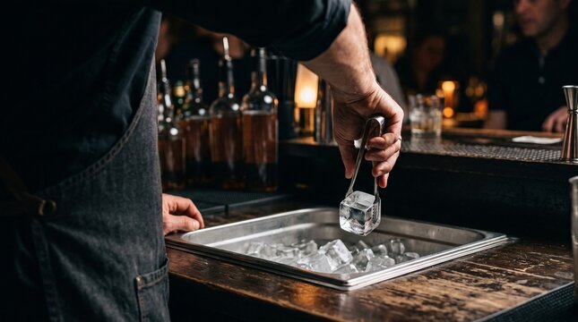 Bartender holding ice cube with metal tongs over bucket. Man working in restaurant bar preparing cold drink.