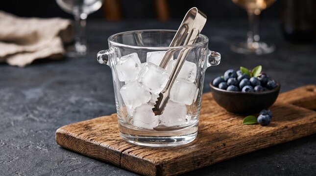 Glass ice bucket with metal tongs on wooden board. Chilled cubes for beverage and cocktail preparation. R