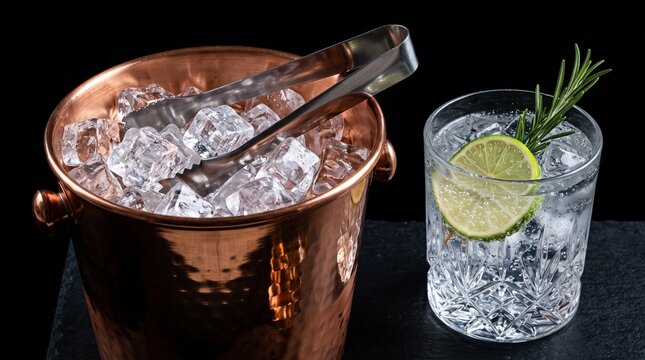 Copper bucket filled with ice cubes and metal tongs standing next to refreshing gin tonic cocktail glass.