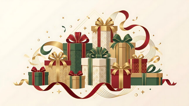 Decorative pile of Christmas gift boxes with red ribbons.