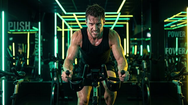 Man exercising on stationary bike in dark gym with neon light. Intense cycle workout in fitness club.