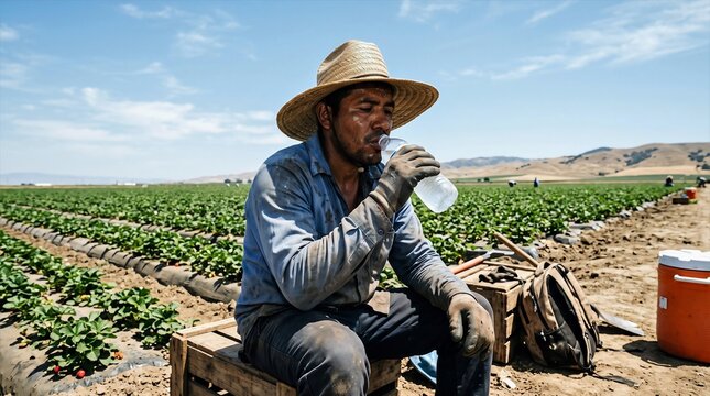 Agricultural Worker Taking Water Break In Field Under Blazing Sun Wide Brim Hat Sweat Visible Dignified Portrait