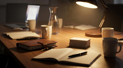 Obraz premium Dimly lit workspace with notebook laptop and lamp.