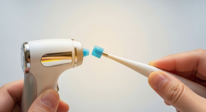 Close-up of hands holding a digital thermometer and a probe tip, preparing for temperature measurement.
