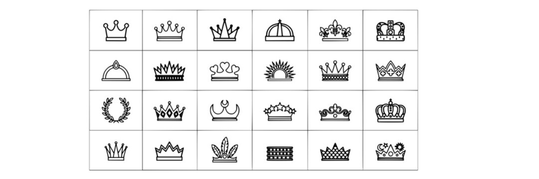 Crowns with Various Designs Arranged in a 6x4 Grid Featuring Crown, Design, Royal with Symbol and Illustration Elements
