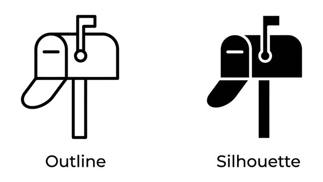 Mailbox Icon Set: A graphic representation of a mailbox in both outline and silhouette forms, symbolizing communication and correspondence.