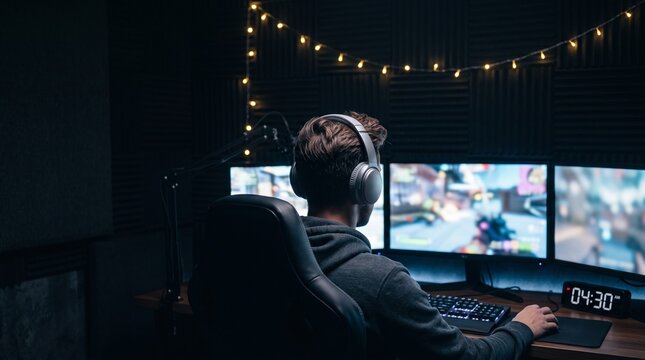 Gamer man sitting at computer monitor with headphones in dark room at night. Streamer professional playing video game on multiple screens.
