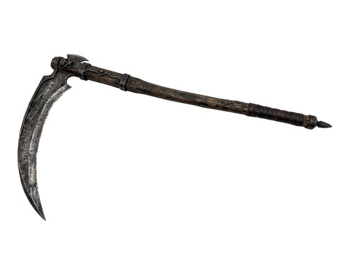 Dark fantasy scythe weapon. Isolated grim reaper sickle for horror game design.