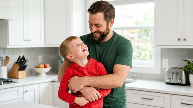 Dad and son laughing together in kitchen. Father hugging child with affection. Domestic bonding, happy family lifestyle, parenting moment.
