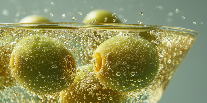 A close-up shot of green olives submerged in a clear, bubbly liquid, possibly a martini. The effervescence creates a refreshing and enticing visual
