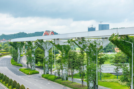 Elevated transportation structure with vertical gardens on support columns in Shenzhen city, China. Integration of climbing plants into transport infrastructure, sustainable urban design