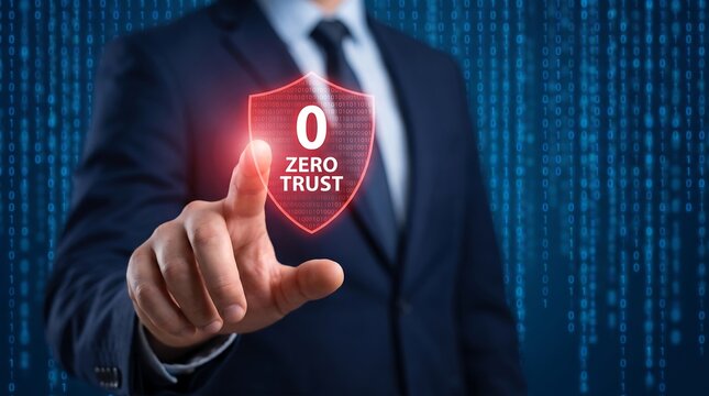 Business executive activating zero trust security holographic shield on virtual dashboard against binary data stream background representing enterprise level network cyber defense