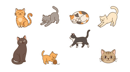 Fototapeta premium A delightful collection of cute cartoon cats and kittens in various poses and colors, perfect for pet-themed designs, children's illustrations, and playful graphic content