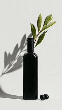 A minimalist composition featuring a black bottle with an olive branch and olives, casting a dramatic shadow