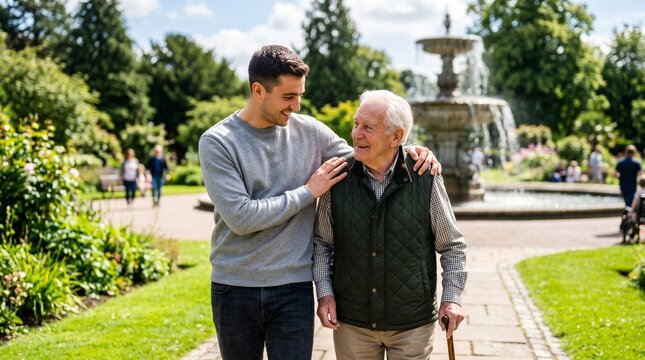 Adult son walking with senior father in city park. Young man supporting elderly dad holding cane. Care and support for aging parent.