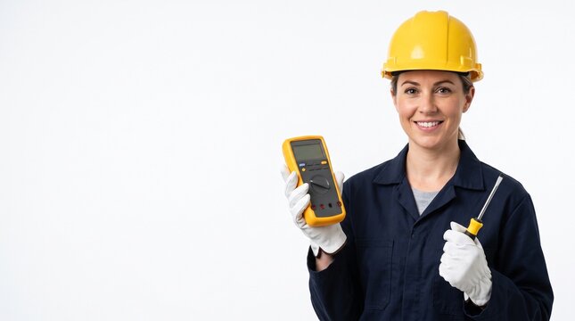 Electrician woman in yellow hard hat holding multimeter and screwdriver on white background. Professional technician working with electrical diagnostic tool. Engineering industry concept.