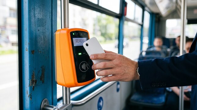 Man paying for bus ticket with smartphone. Passenger using digital mobile wallet for contactless payment on public transport.