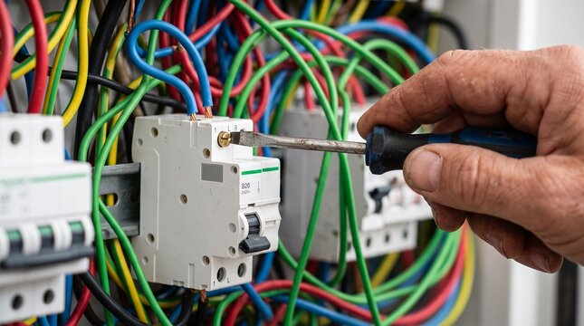 Electrician using screwdriver to install circuit breaker in fuse box. Professional man working with colorful electrical wiring. Maintenance of residential power distribution supply.
