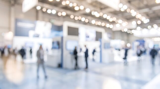 Blurred business professionals walking through modern convention center hall during corporate trade show event with bright ceiling lights and exhibition booths in background