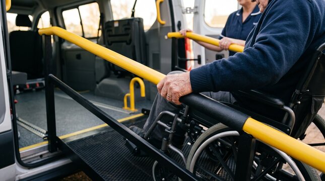 Caregiver assisting senior man in wheelchair to board accessible van with ramp. Public transportation for disabled passenger. Social support and mobility service for elderly person.