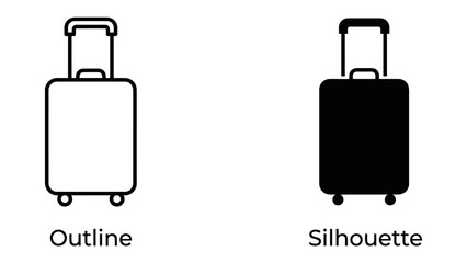 Luggage Outline and Silhouette: Two icons representing a wheeled suitcase, one as a simple outline and the other as a solid black silhouette, ideal for travel and logistics themes. © Mdgd